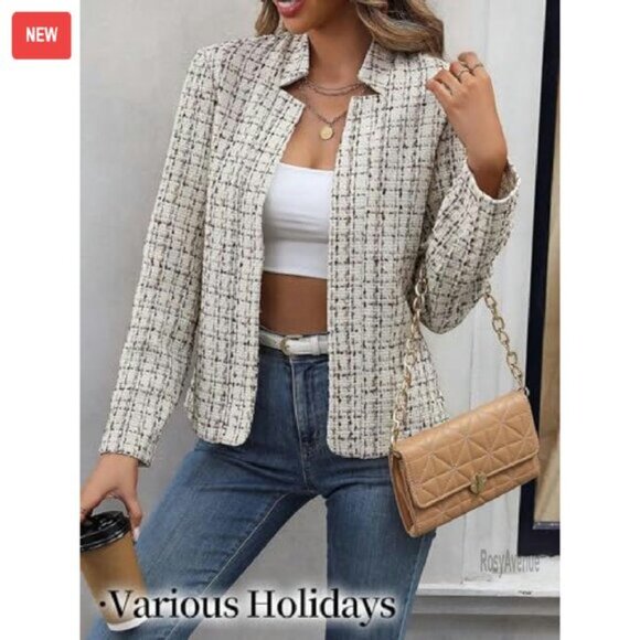 Women's Tweed Blazer Fully Lined Open Front Professional Casual Coat - Picture 5 of 8